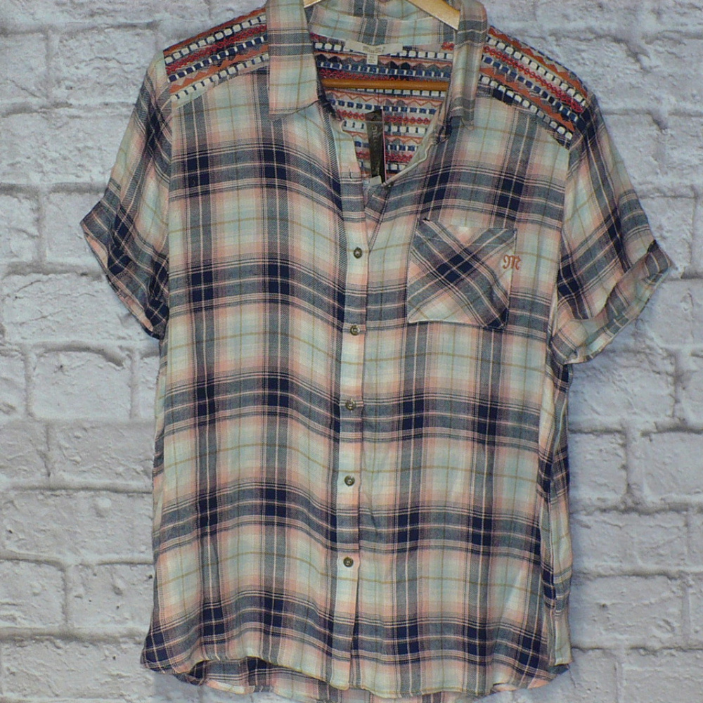 Miss Me Plaid Western Style Short Sleeve Shirt NEW